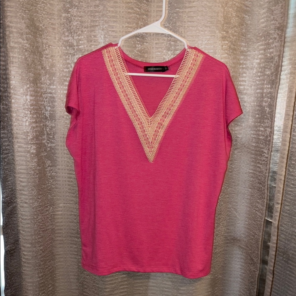 Merokeety Pink Lace Trim V-Neck Short Sleeve Top